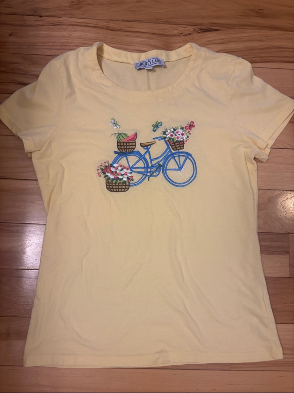 Vintage Liberty Lane Yellow Tee with Blue Bicycle and Floral Baskets (Small)